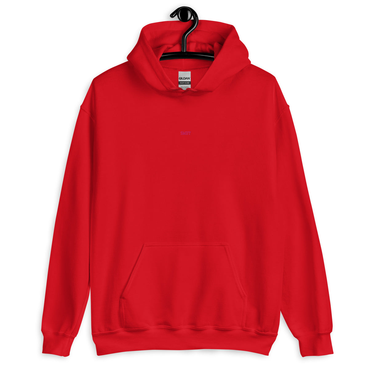 A red Gildan hoodie with "SMUT" embroidered in pink.