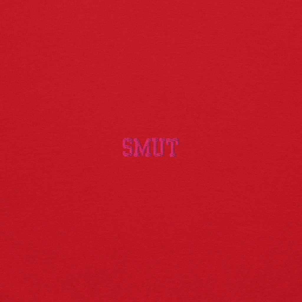 Red hoodie with pink lettering that says "SMUT".