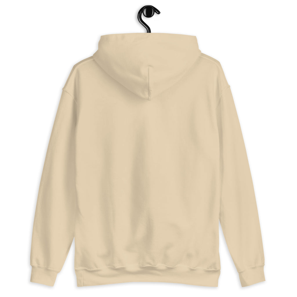 A beige hooded sweatshirt with a hanger.