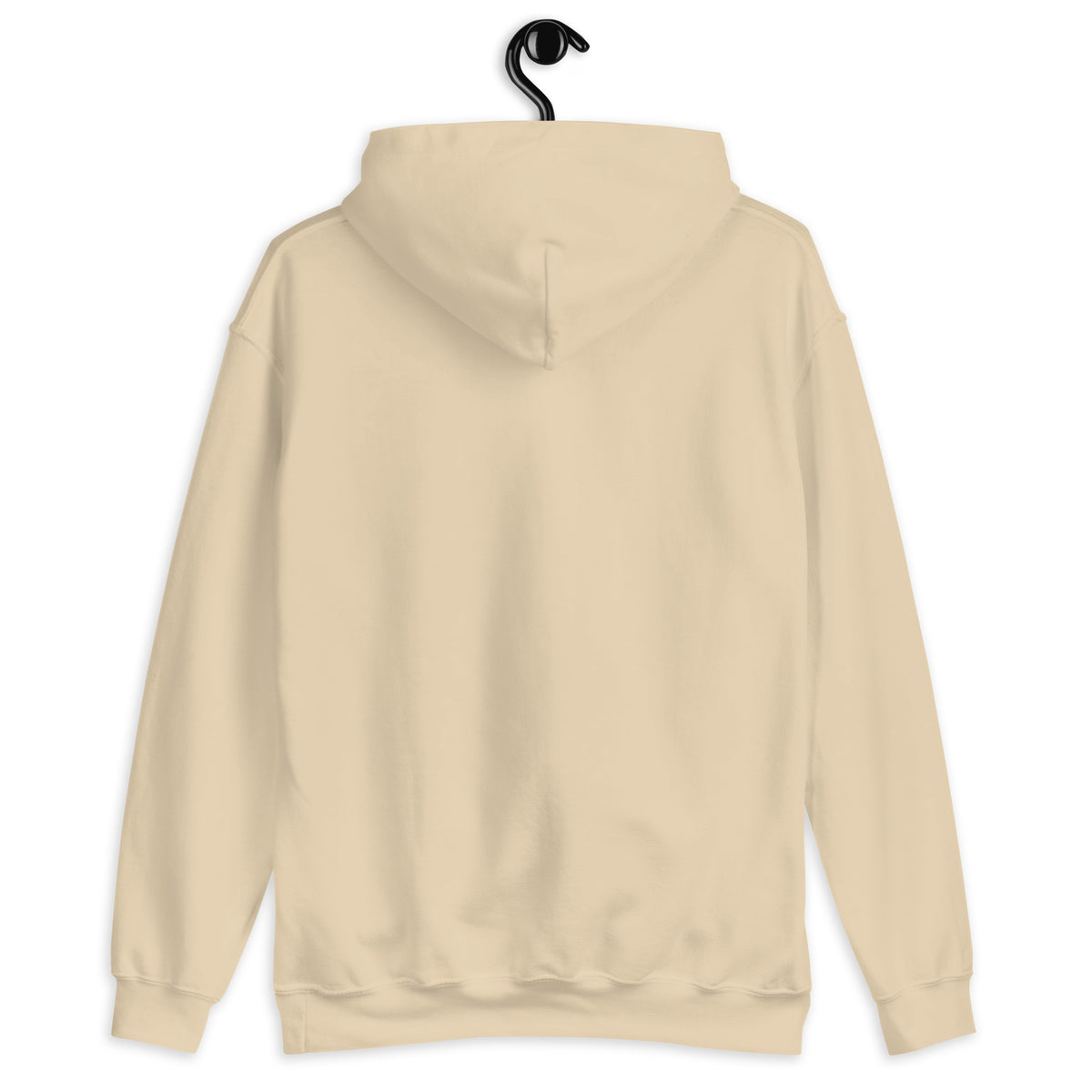 A beige hooded sweatshirt with a hanger.