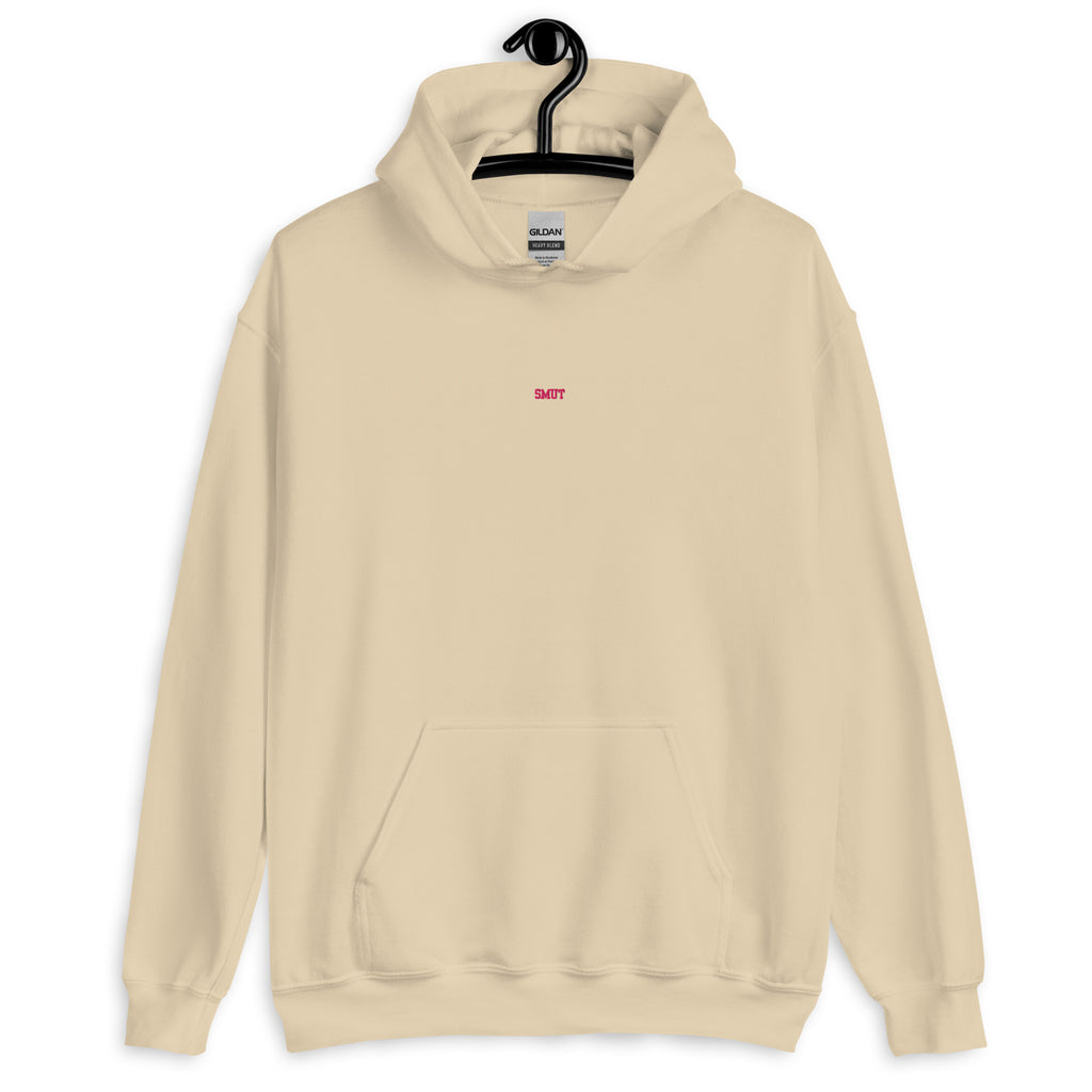 Beige hoodie with "SMUT" embroidered in pink on the chest.