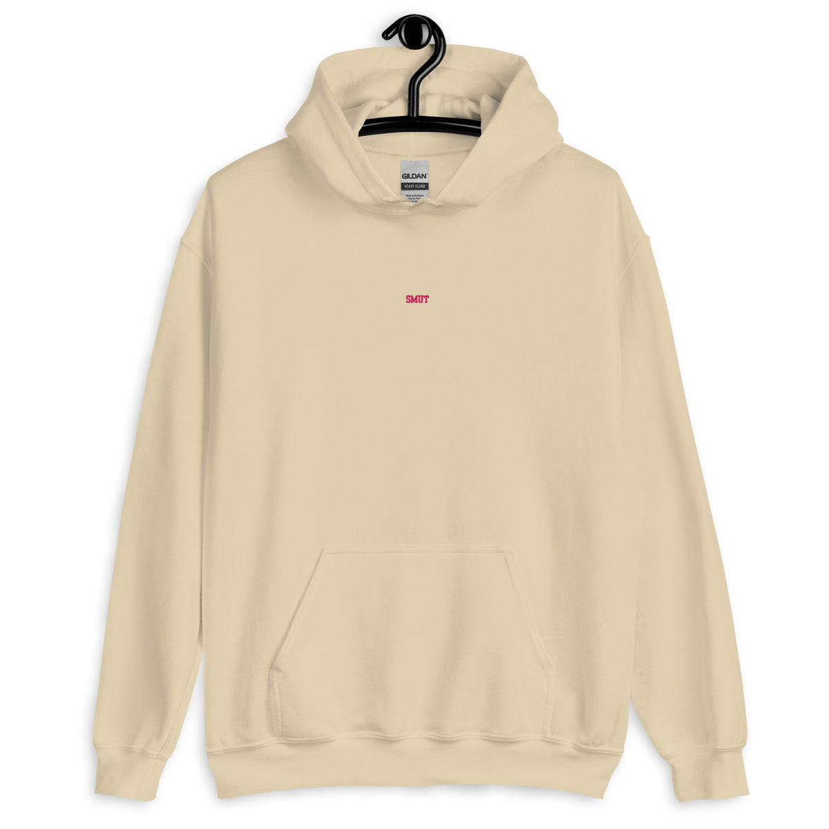 Beige hoodie with "SMUT" embroidered in pink on the chest.