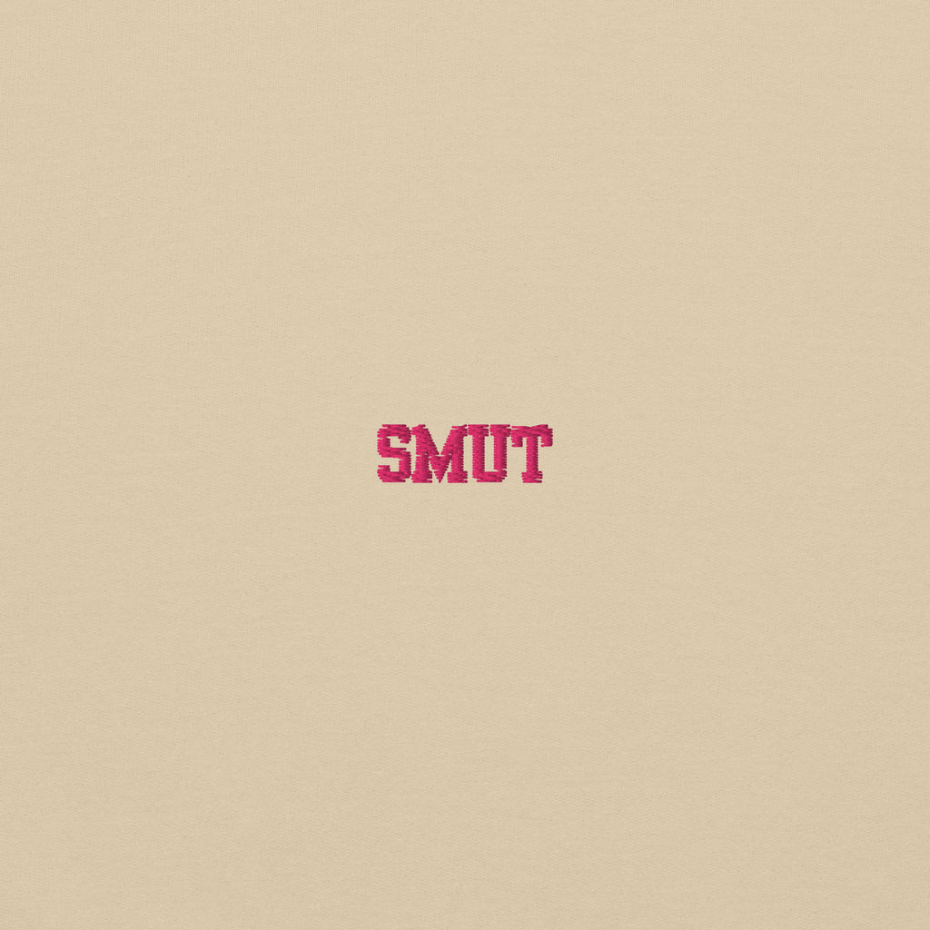 A beige hoodie with "SMUT" in pink lettering.