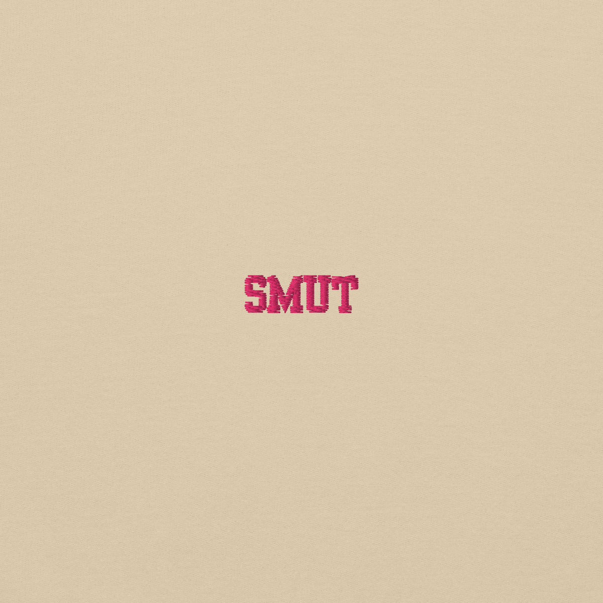 A beige hoodie with "SMUT" in pink lettering.