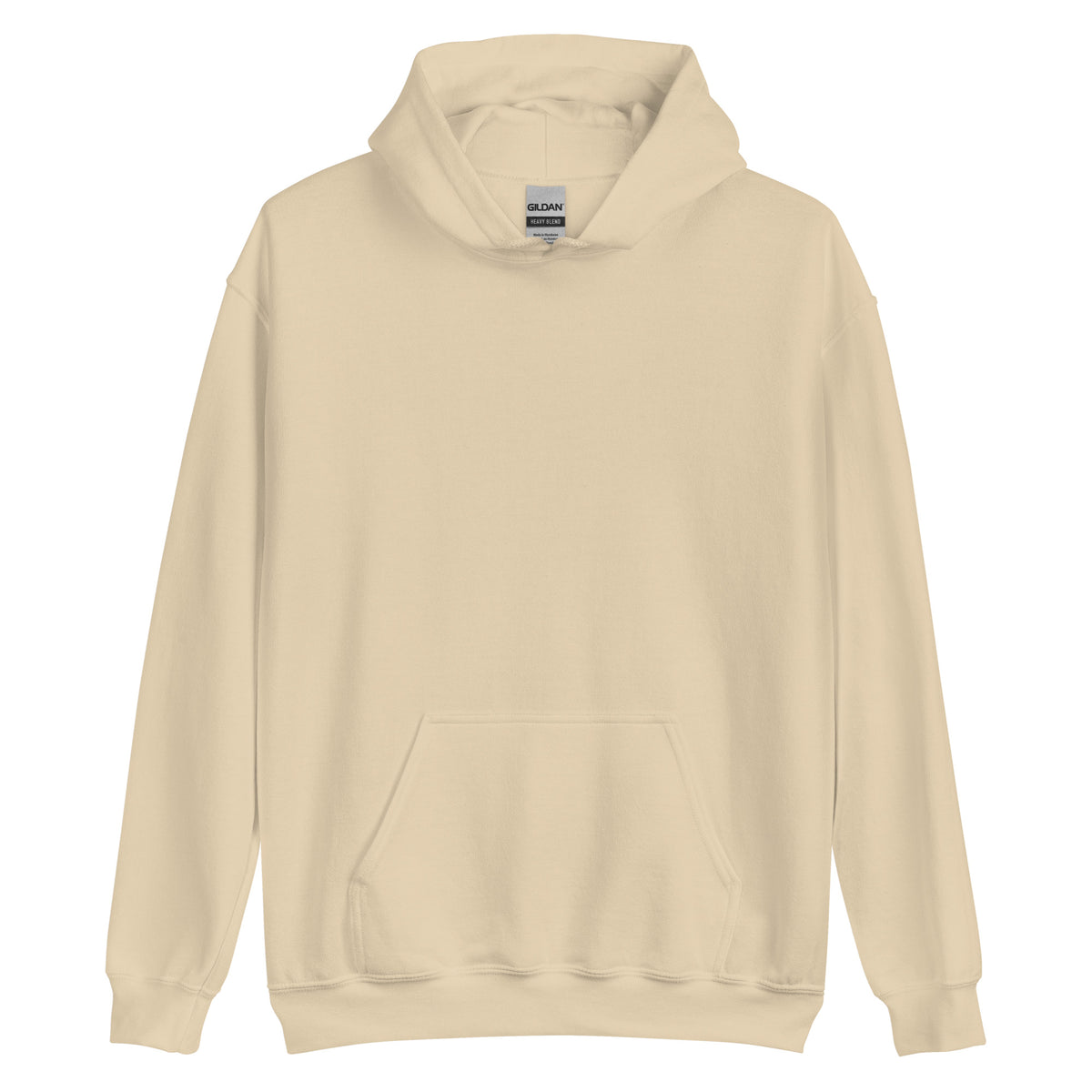 A beige Gildan heavy blend hoodie with a front pouch pocket.