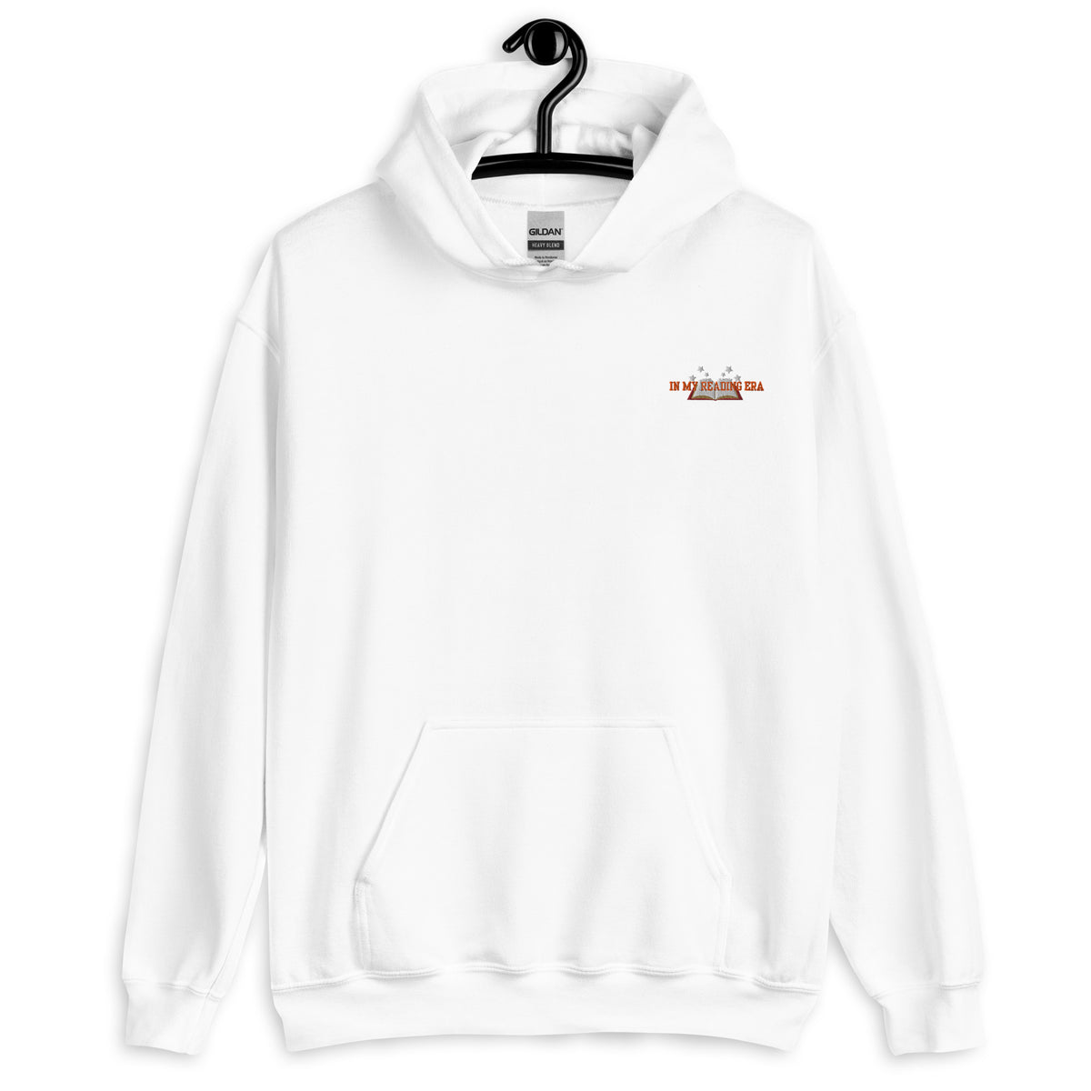 White Gildan hoodie with "In My Reading Era" graphic.