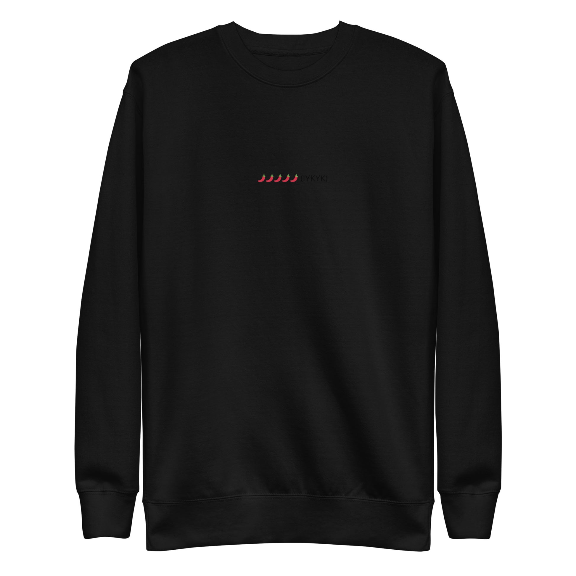 Black sweatshirt with embroidered red chili peppers and text.