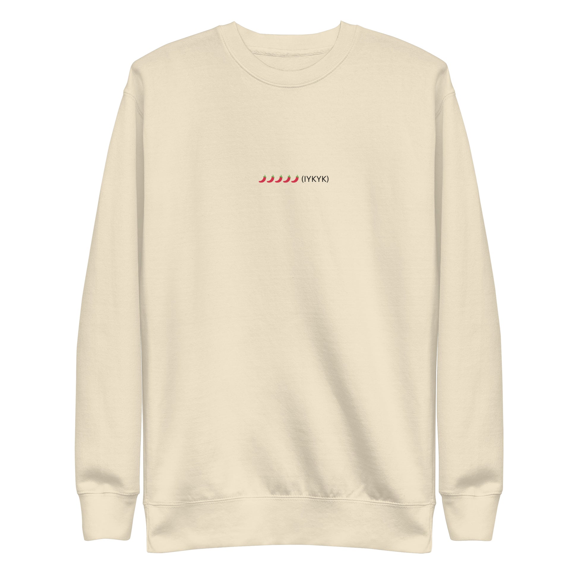 Cream sweatshirt with a small embroidered chili pepper design and text.