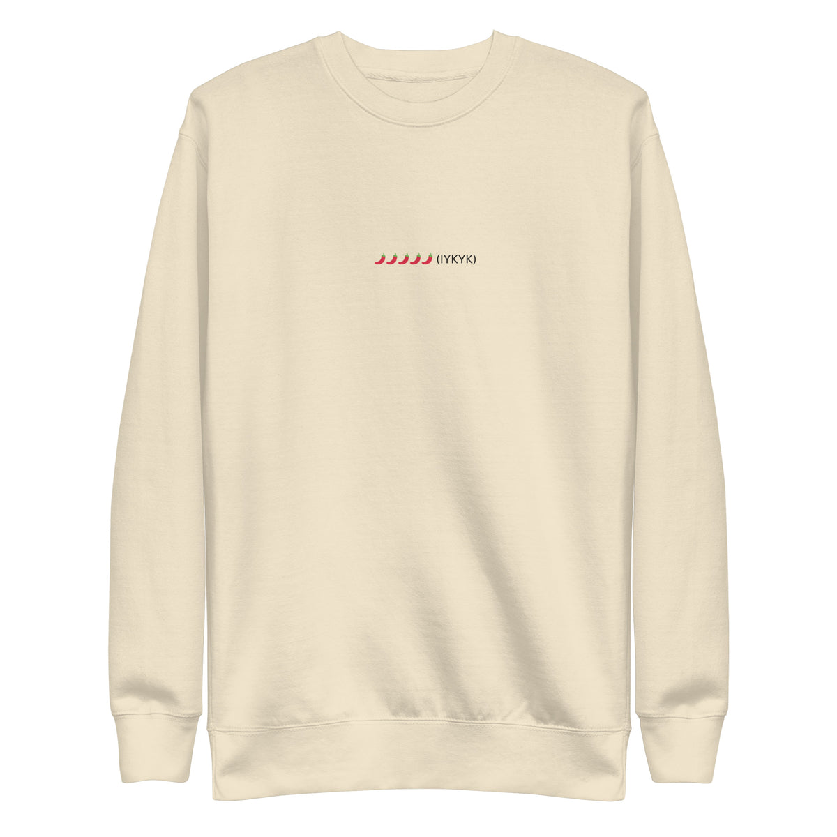 Cream sweatshirt with a small embroidered chili pepper design and text.