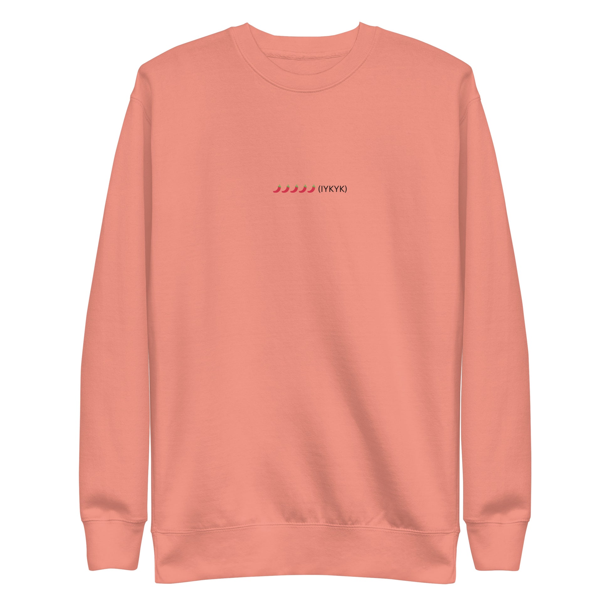 Peach sweatshirt with a small embroidered chili pepper design and text.