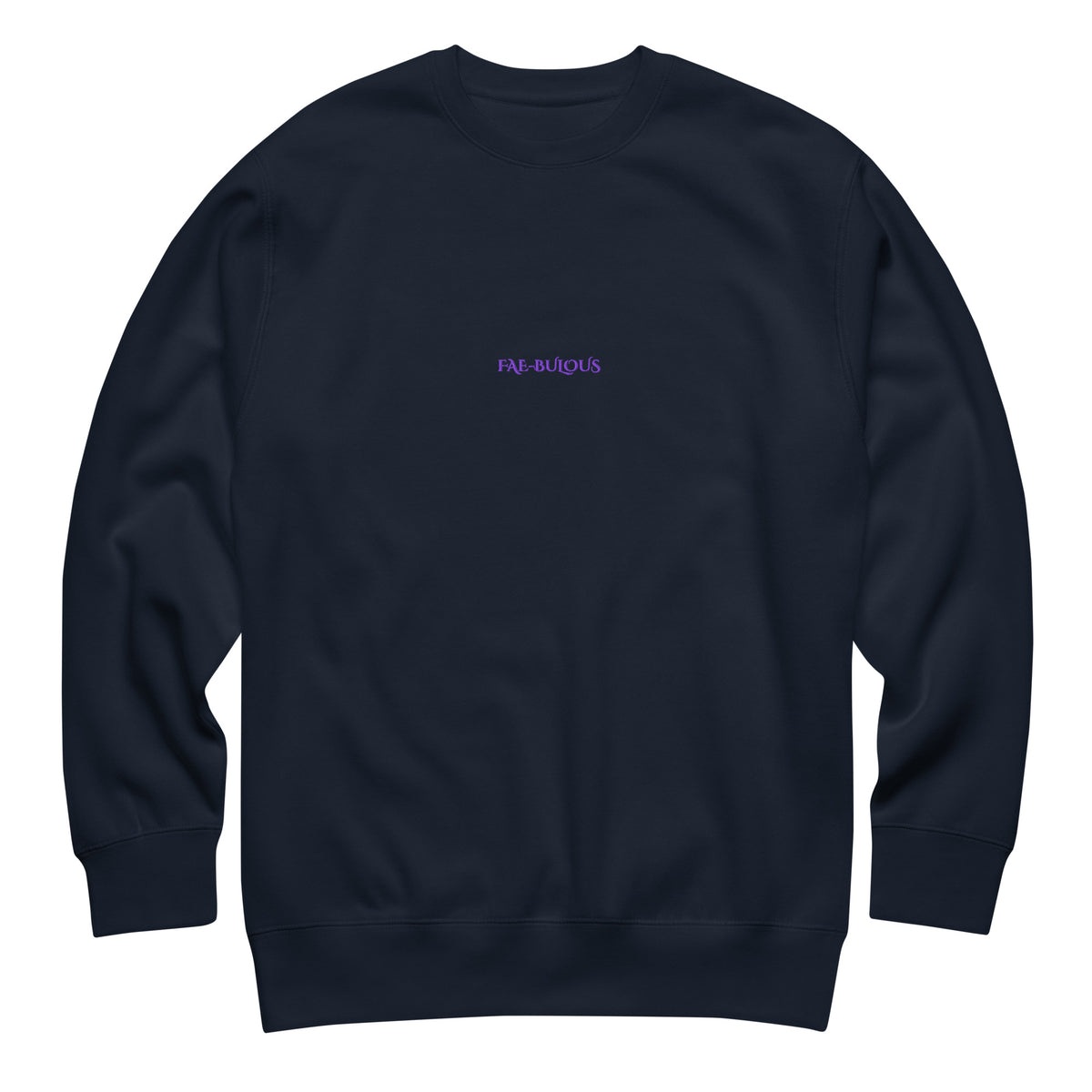 A navy sweatshirt with "Fae-bulous" embroidered in purple.