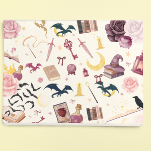 Romantasy bookish wrapping sheets with magical illustrations.