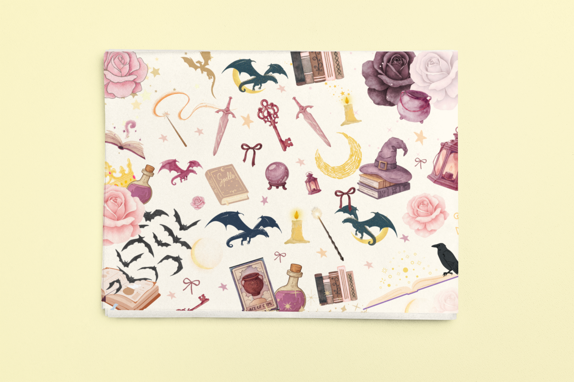 Romantasy bookish wrapping sheets with magical illustrations.