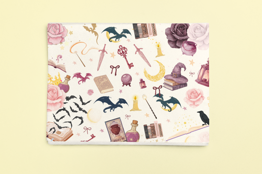 Romantasy bookish wrapping sheets with magical illustrations.