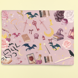 Romantasy bookish wrapping sheets with a pink background and magical illustrations.