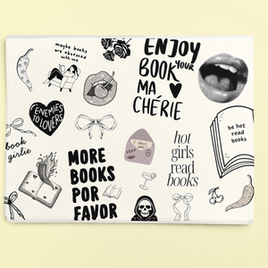 Dark romance themed wrapping paper with various illustrations.