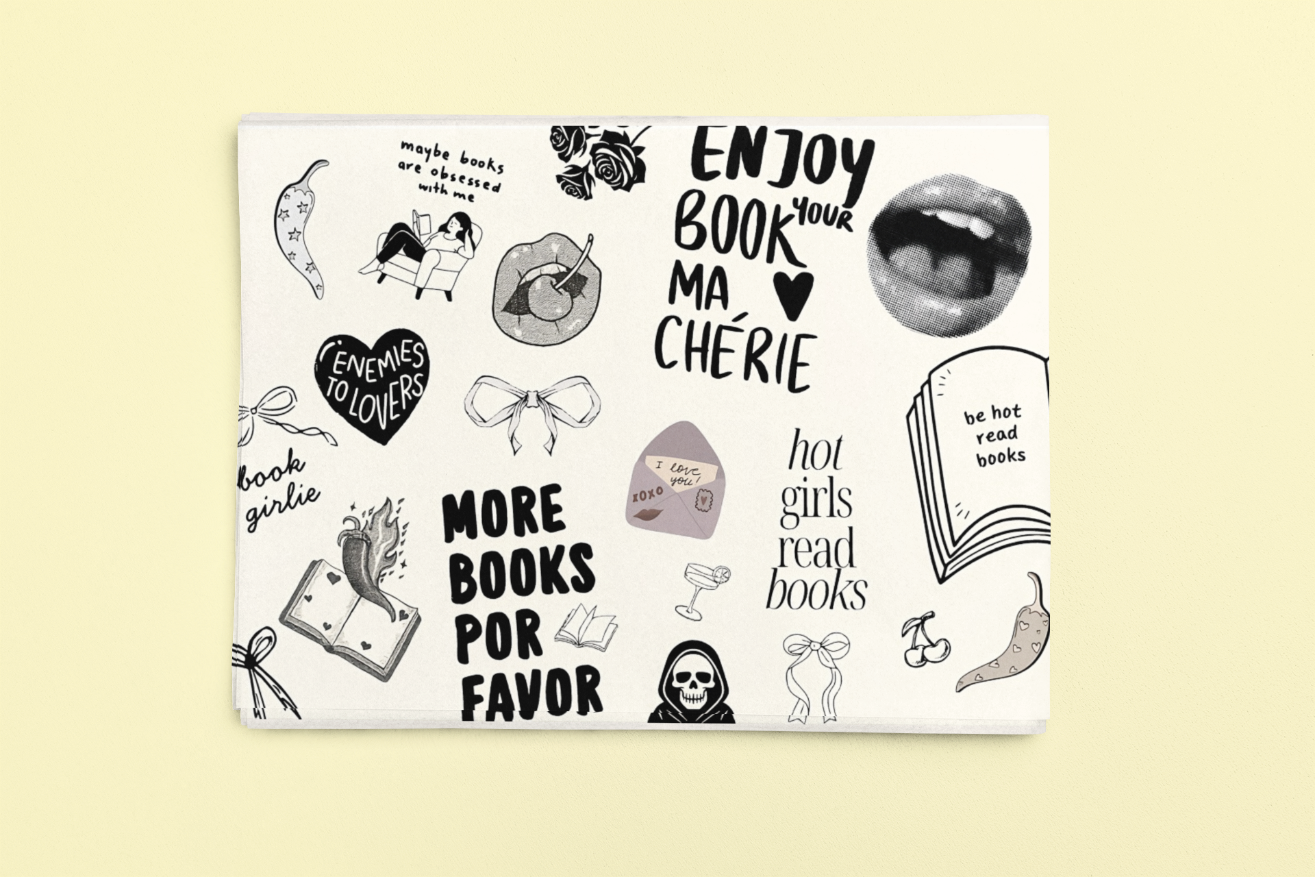 Dark romance themed wrapping paper with various illustrations.