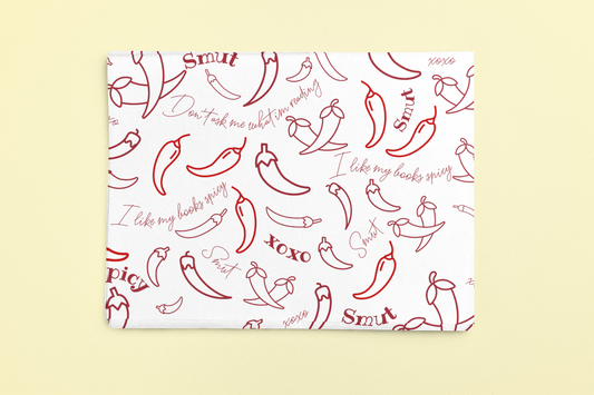 Spicy chilli pattern wrapping sheets with text.
